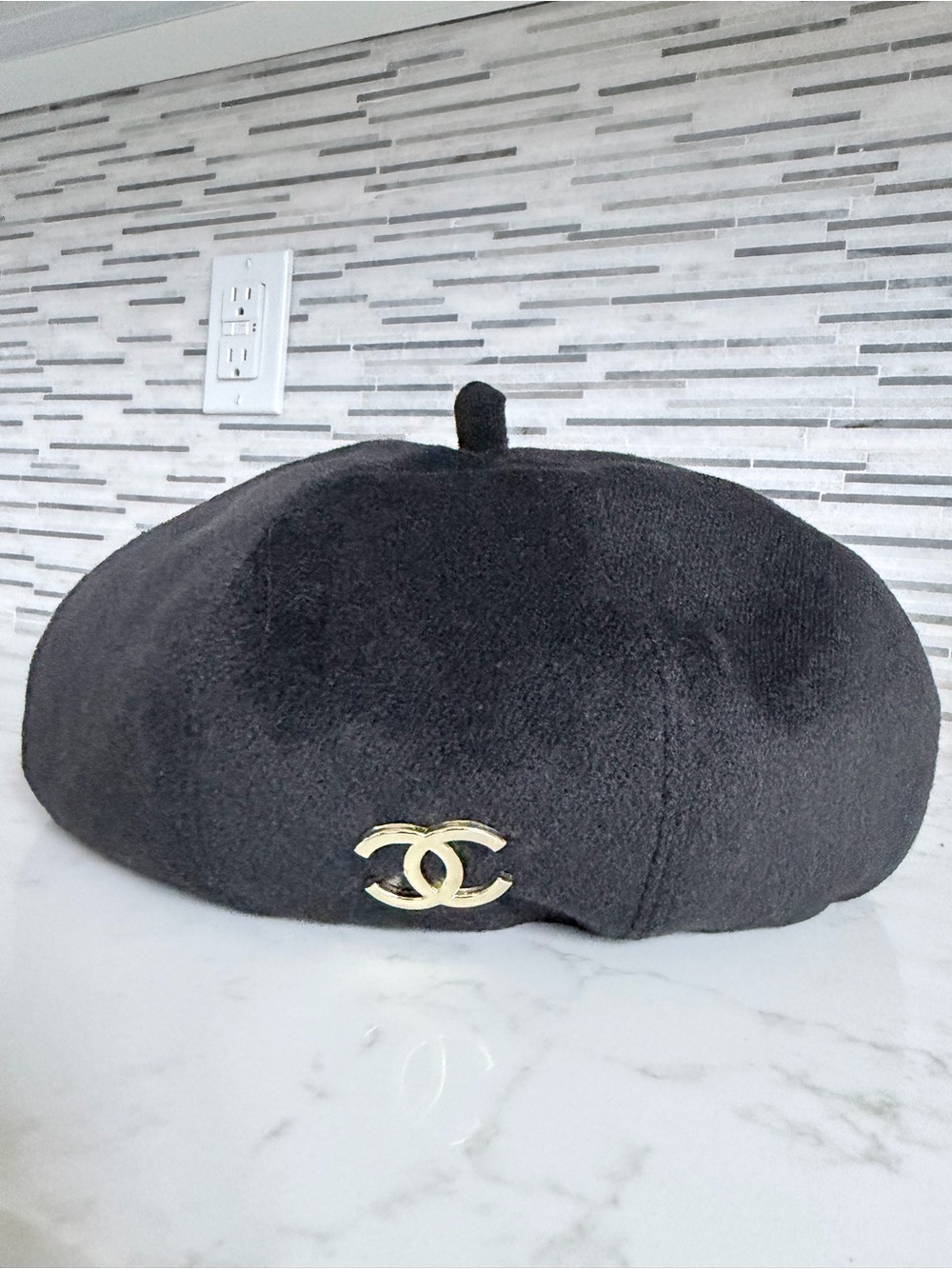 Black Wool Beret with Gold CC Emblem